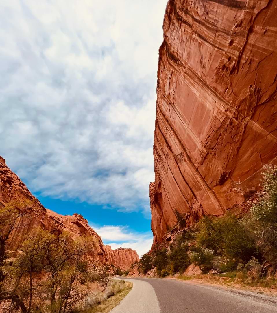 Scenic road through Capitol Reef National Park with towering red cliffs
